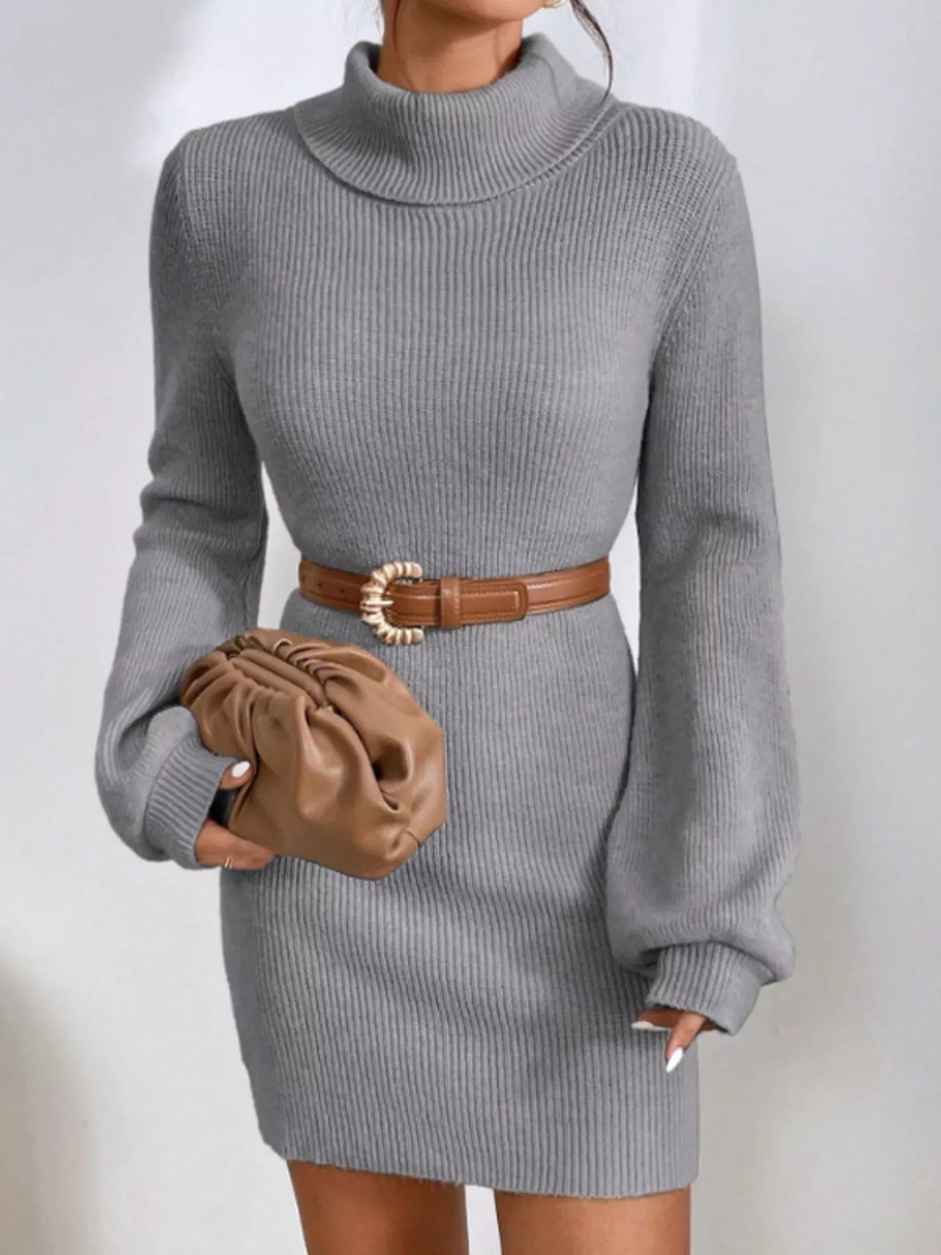 Turtleneck Ribbed Knit Sweater Dress - FLORENTINE IRIS
