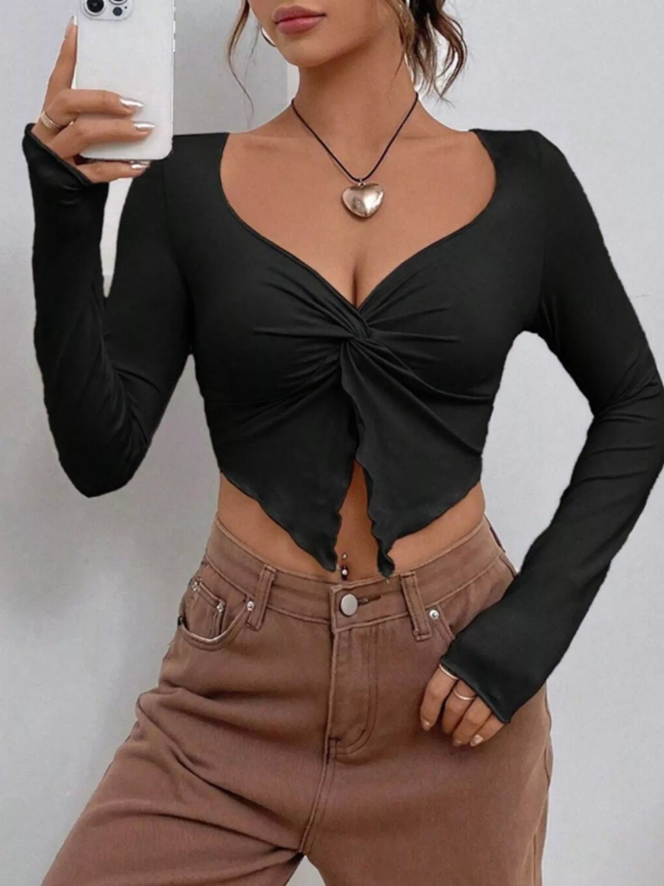 Twisted Front Long Sleeve T-Shirt - FLORENTINE IRIS