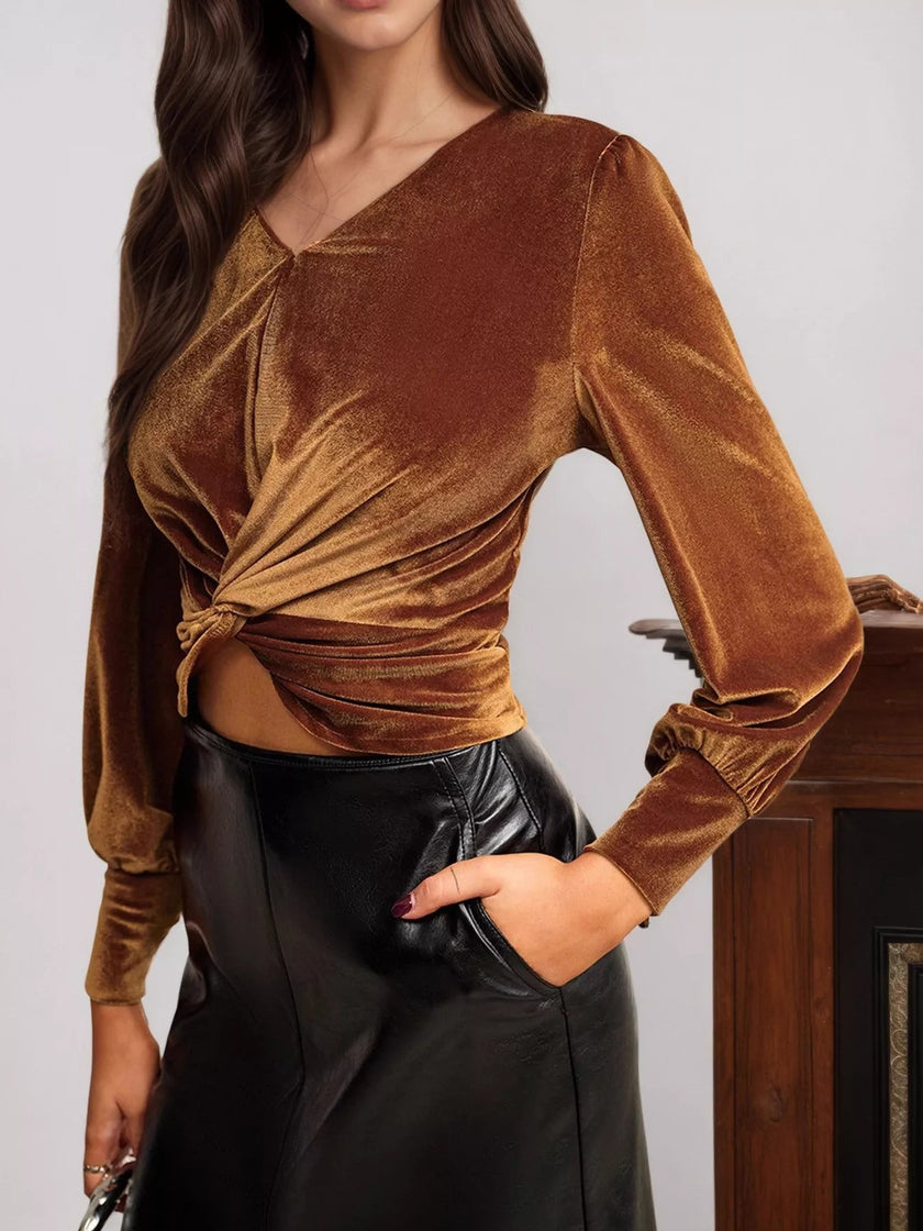 Twisted V - Neck Long Sleeve Blouse - FLORENTINE IRIS