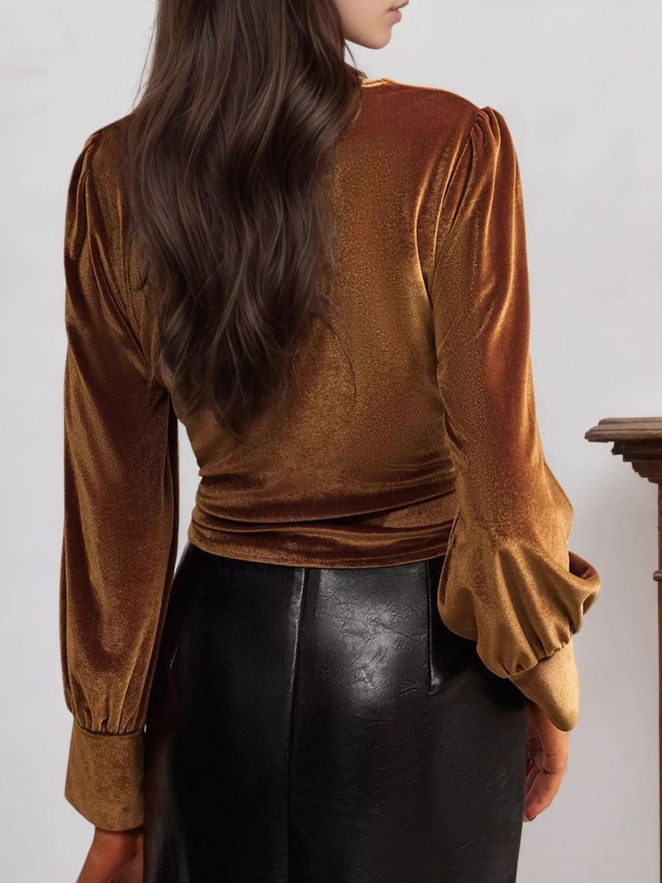 Twisted V - Neck Long Sleeve Blouse - FLORENTINE IRIS