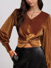 Twisted V - Neck Long Sleeve Blouse - FLORENTINE IRIS