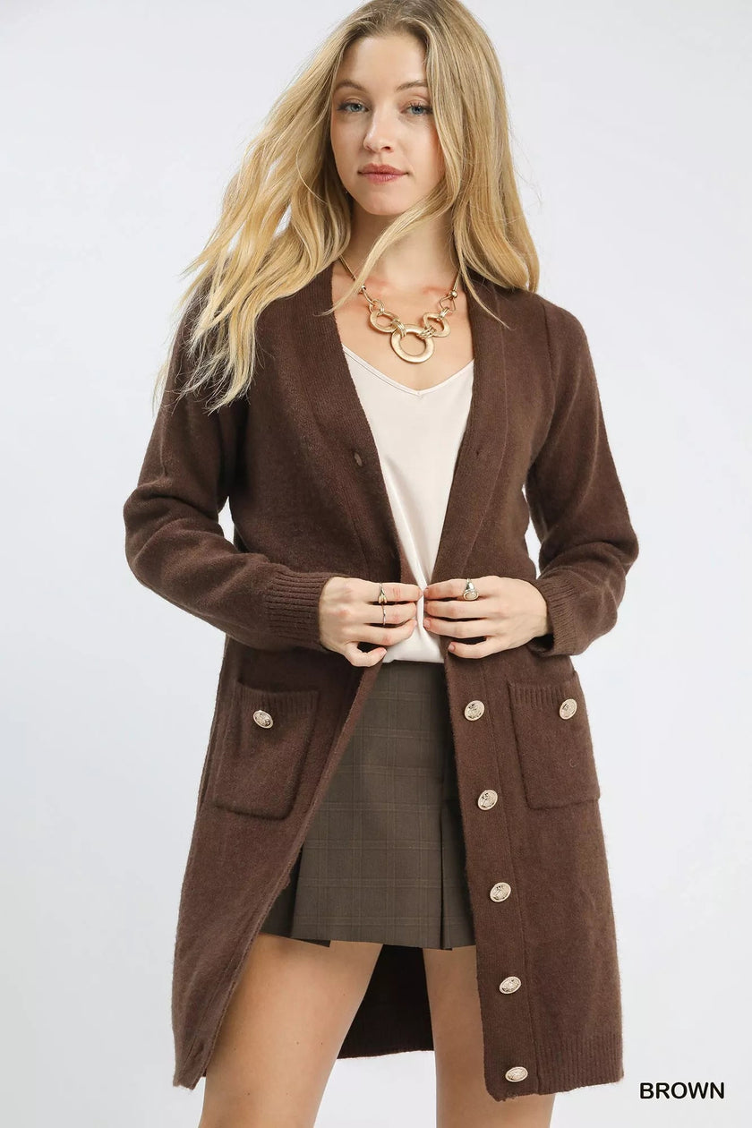 Umgee Button - Down Longline Sweater Cardigan with Front Pockets - FLORENTINE IRIS