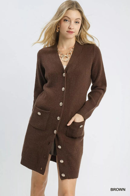 Umgee Button - Down Longline Sweater Cardigan with Front Pockets - FLORENTINE IRIS
