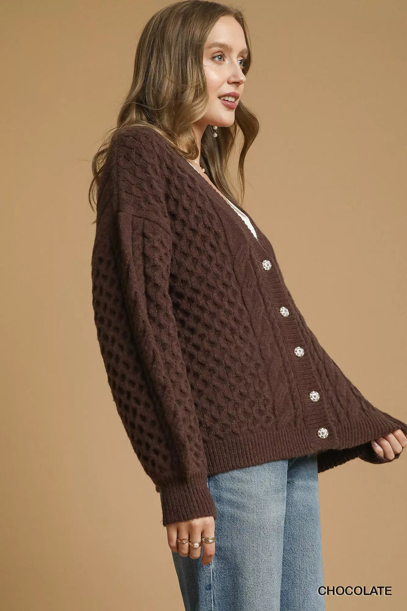 Umgee Cable Knit Pearl Button Cardigan - FLORENTINE IRIS