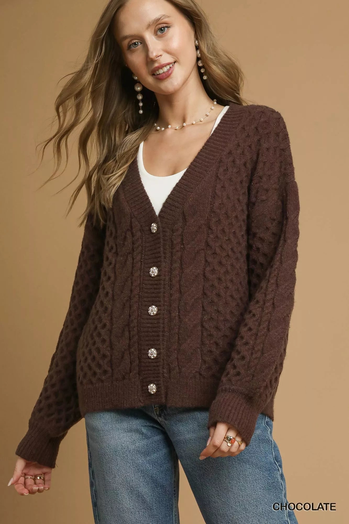 Umgee Cable Knit Pearl Button Cardigan - FLORENTINE IRIS