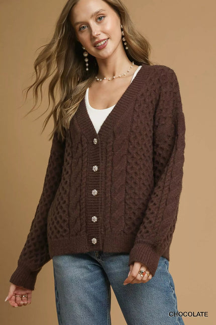 Umgee Cable Knit Pearl Button Cardigan - FLORENTINE IRIS