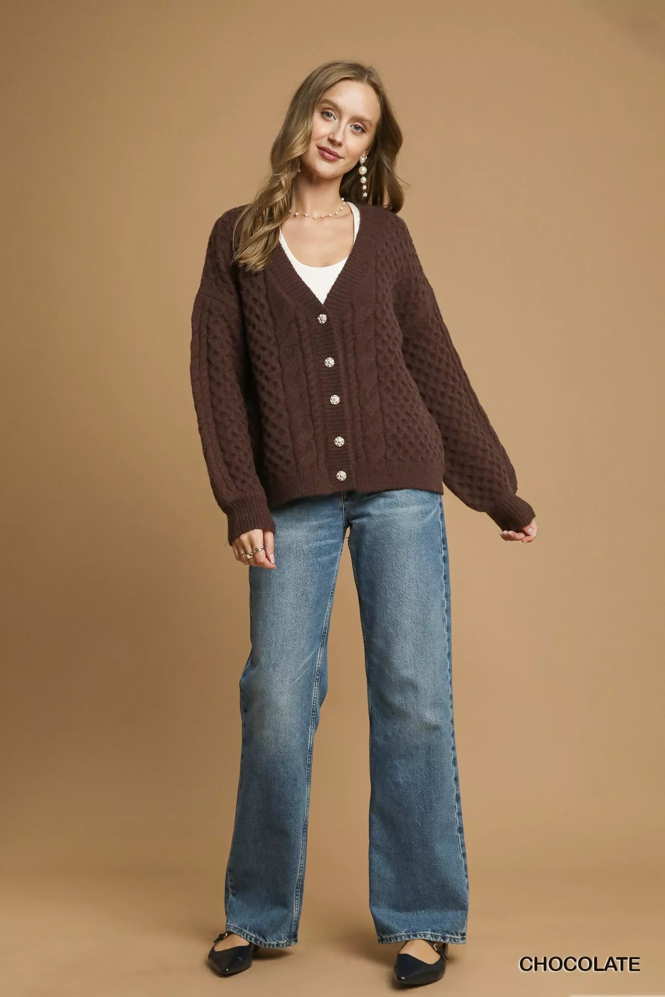 Umgee Cable Knit Pearl Button Cardigan - FLORENTINE IRIS