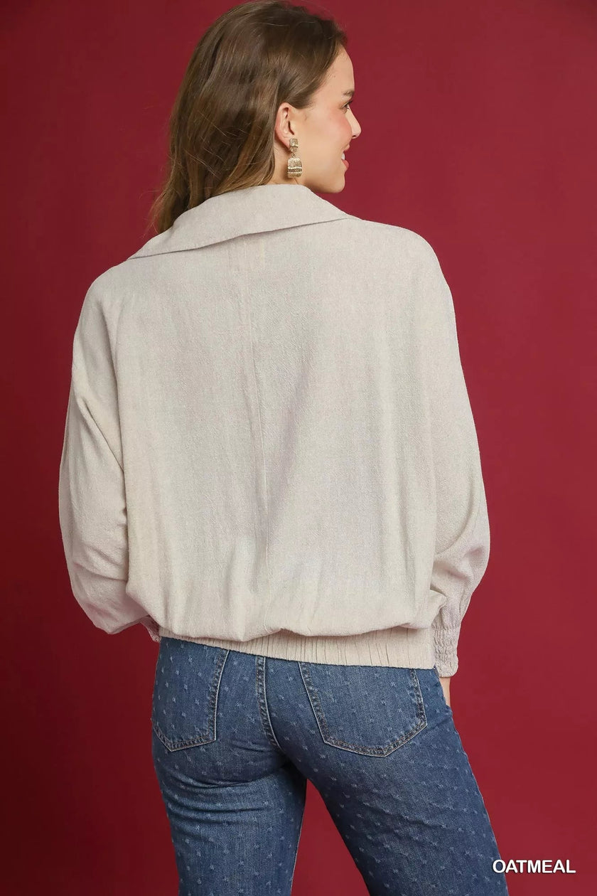 Umgee Linen Long Sleeves Elastic Hem Blouse - FLORENTINE IRIS