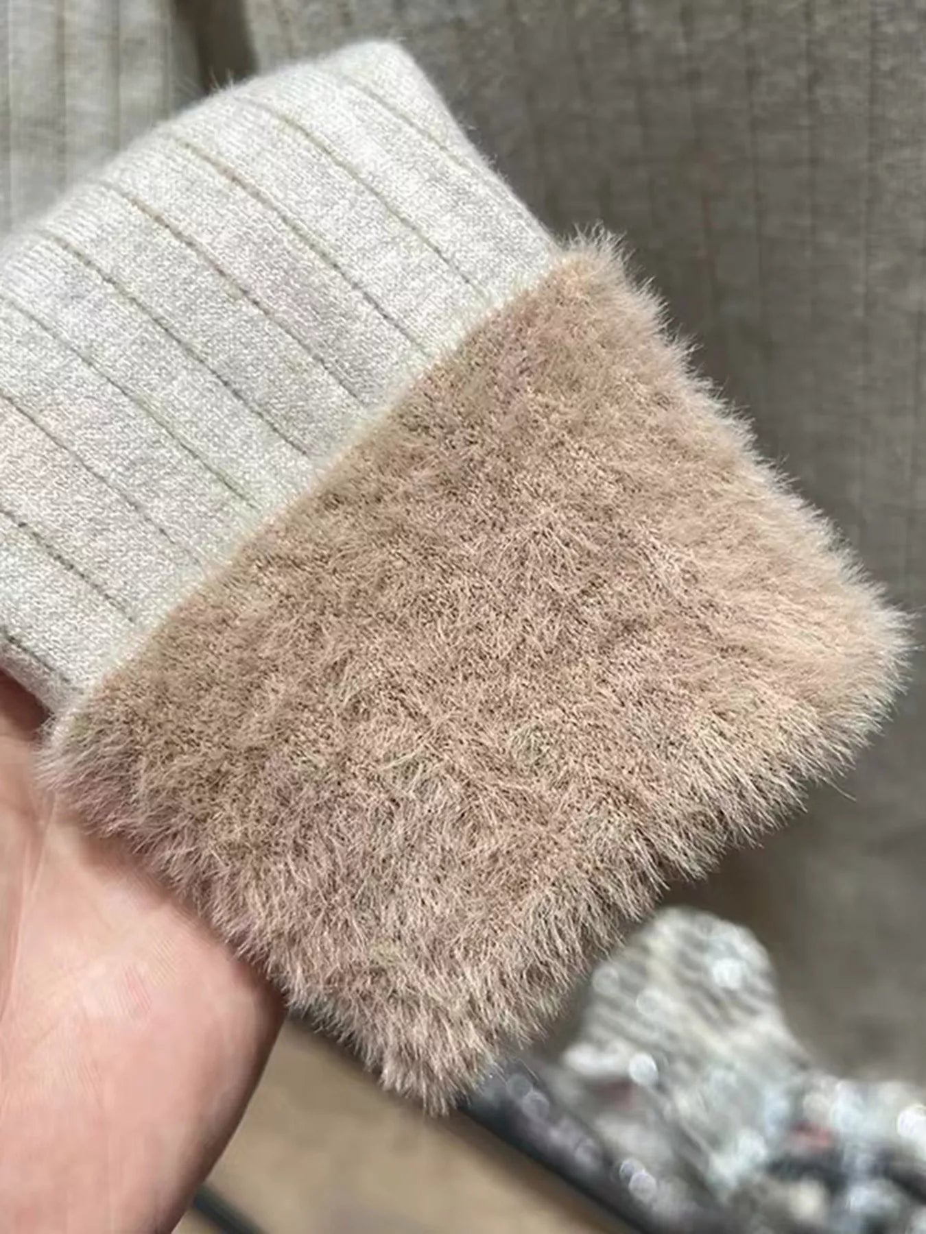 V - Neck Fleece Lined Ribbed Knit Top - FLORENTINE IRIS