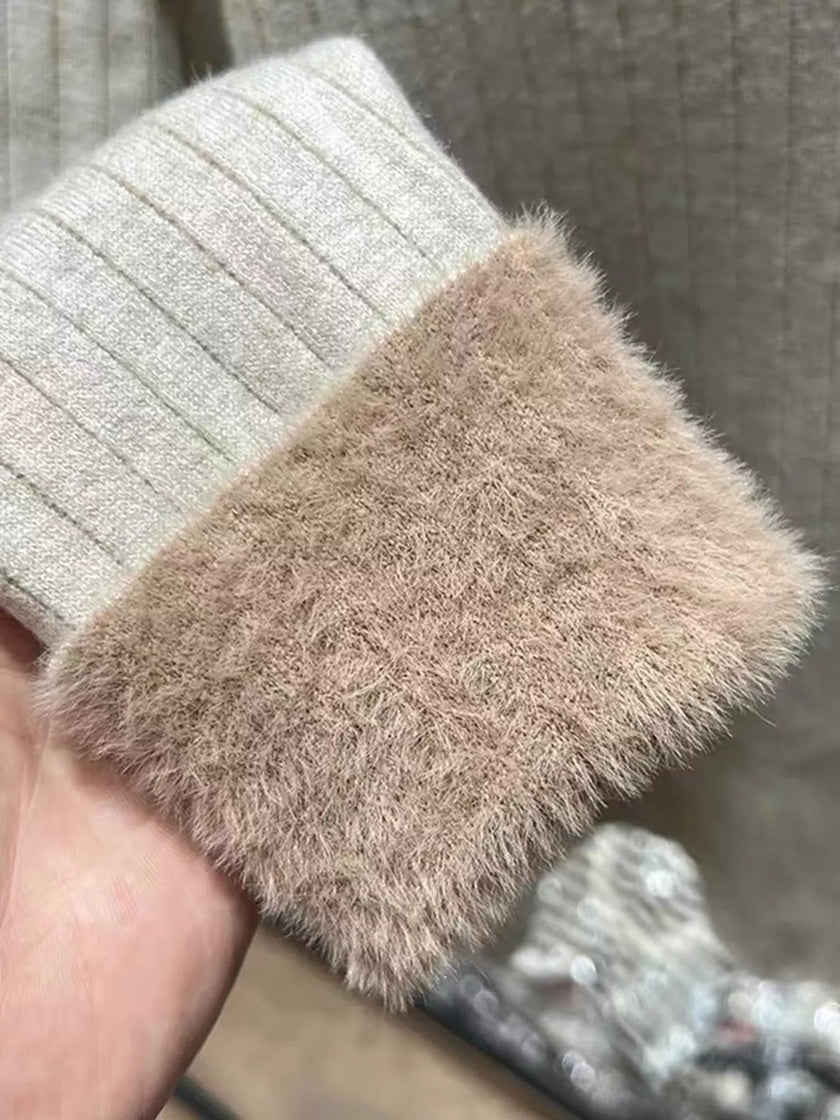 V - Neck Fleece Lined Ribbed Knit Top - FLORENTINE IRIS