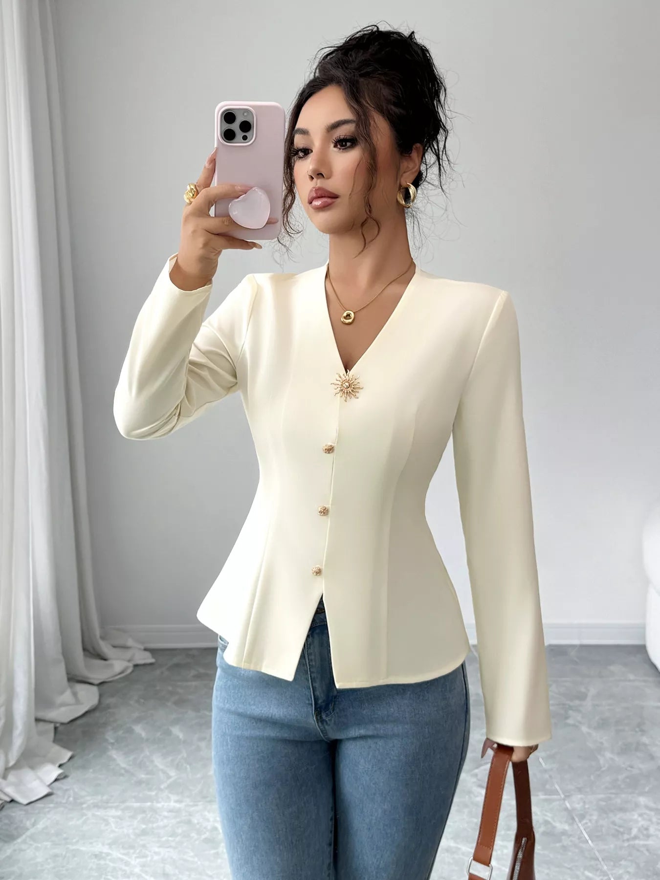 V - Neck Long Sleeve Fitted Blouse - FLORENTINE IRIS