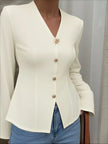 V - Neck Long Sleeve Fitted Blouse - FLORENTINE IRIS