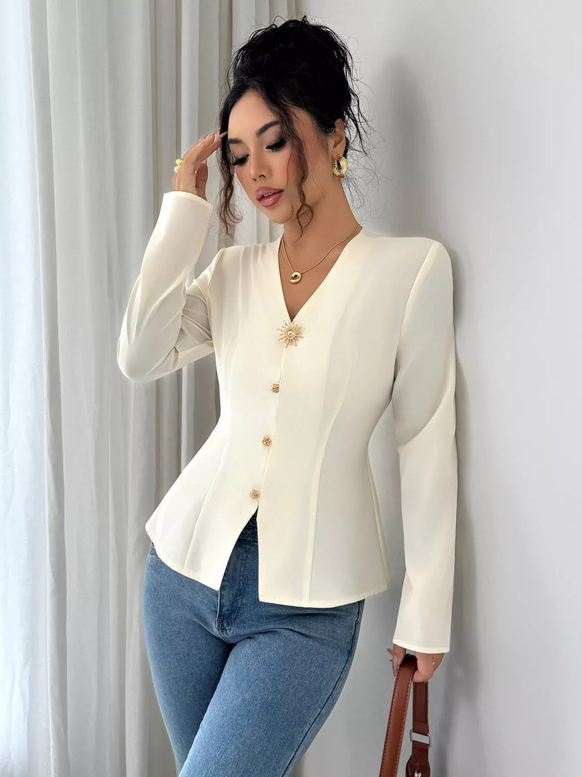 V - Neck Long Sleeve Fitted Blouse - FLORENTINE IRIS