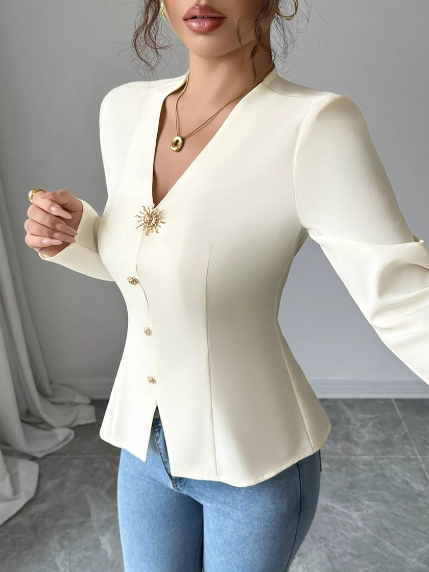 V - Neck Long Sleeve Fitted Blouse - FLORENTINE IRIS
