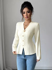 V - Neck Long Sleeve Fitted Blouse - FLORENTINE IRIS