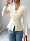 V - Neck Long Sleeve Fitted Blouse - FLORENTINE IRIS