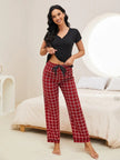 V - Neck Short Sleeve Top and Pants Lounge Set - FLORENTINE IRIS