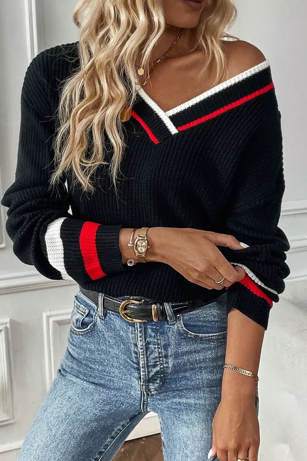 V - Neck Striped Trim Sweater - FLORENTINE IRIS