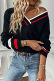 V - Neck Striped Trim Sweater - FLORENTINE IRIS