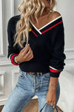V - Neck Striped Trim Sweater - FLORENTINE IRIS