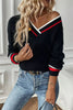 V - Neck Striped Trim Sweater - FLORENTINE IRIS