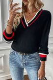 V - Neck Striped Trim Sweater - FLORENTINE IRIS