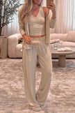 V - Neck Tank, Open Front Cardigan and Pants Lounge Set - FLORENTINE IRIS
