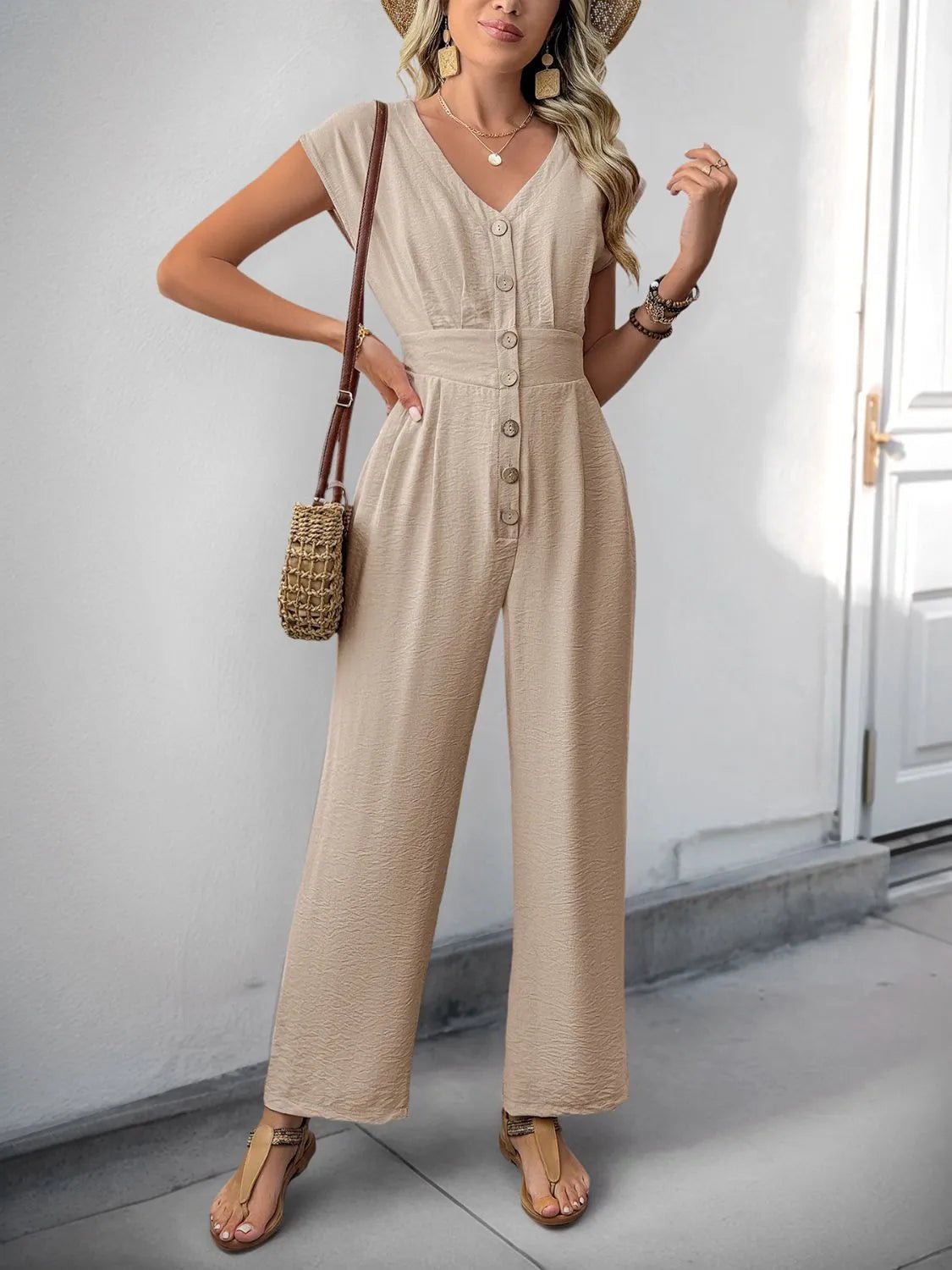 V - Neck Wide Leg Jumpsuit - FLORENTINE IRIS