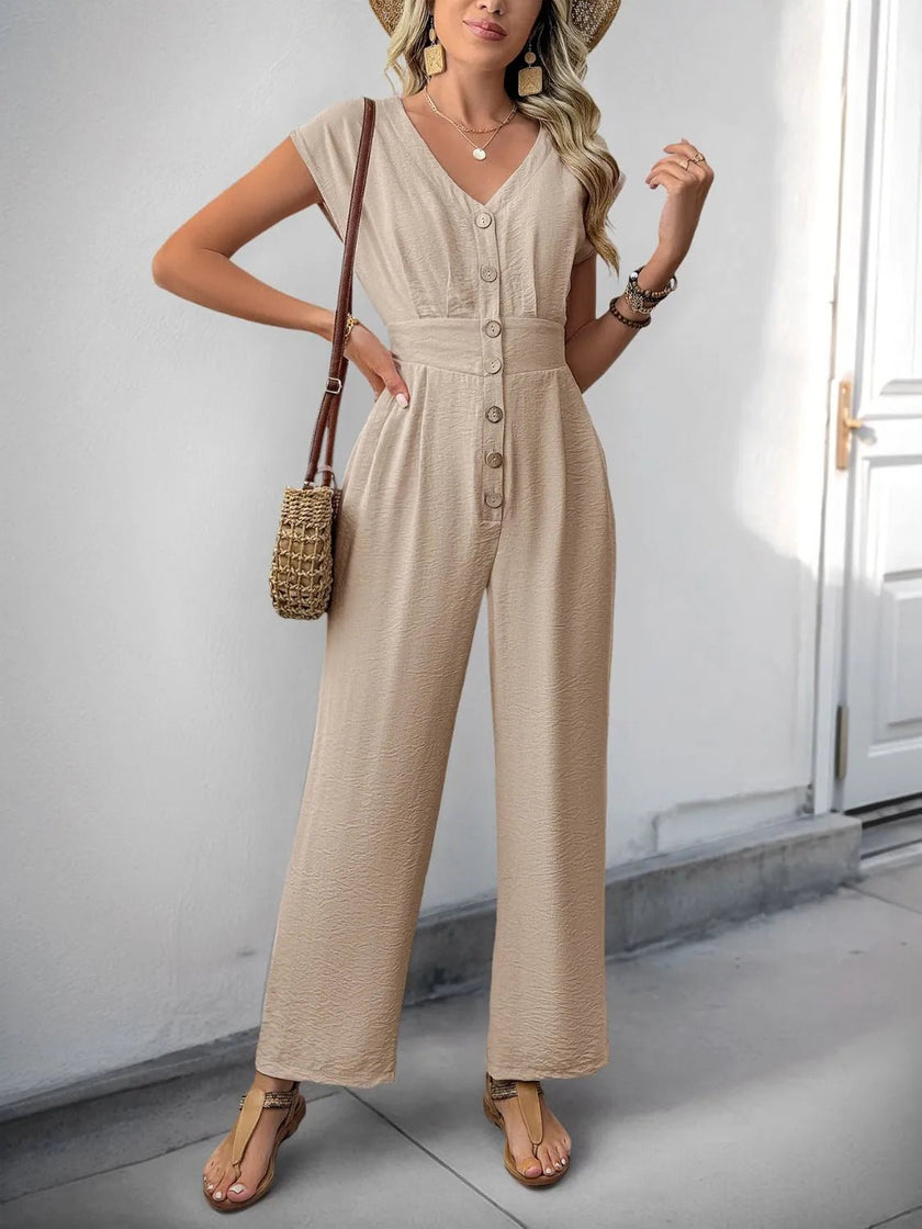 V - Neck Wide Leg Jumpsuit - FLORENTINE IRIS