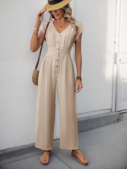 V - Neck Wide Leg Jumpsuit - FLORENTINE IRIS