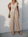 V - Neck Wide Leg Jumpsuit - FLORENTINE IRIS