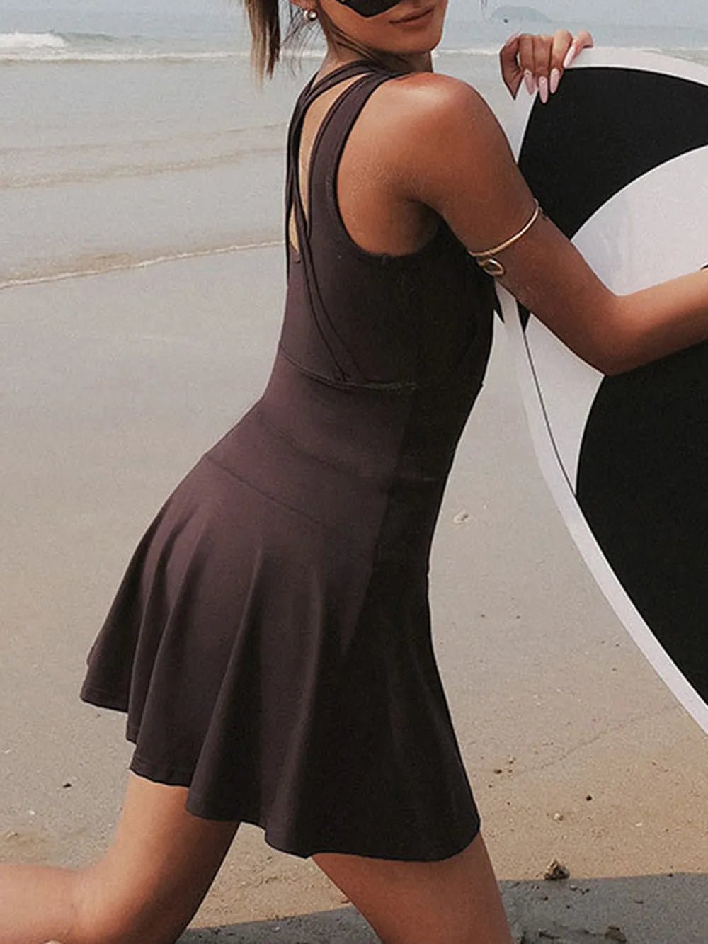 V - Neck Wide Strap Active Dress with Unitard Liner - FLORENTINE IRIS