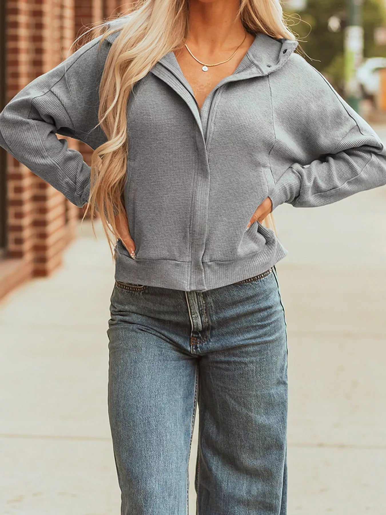 Waffle Splicing Zip Up Front Button Hooded Jacket - FLORENTINE IRIS