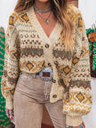 Western Pattern Knitted Button V Neck Cardigan Sweater - FLORENTINE IRIS