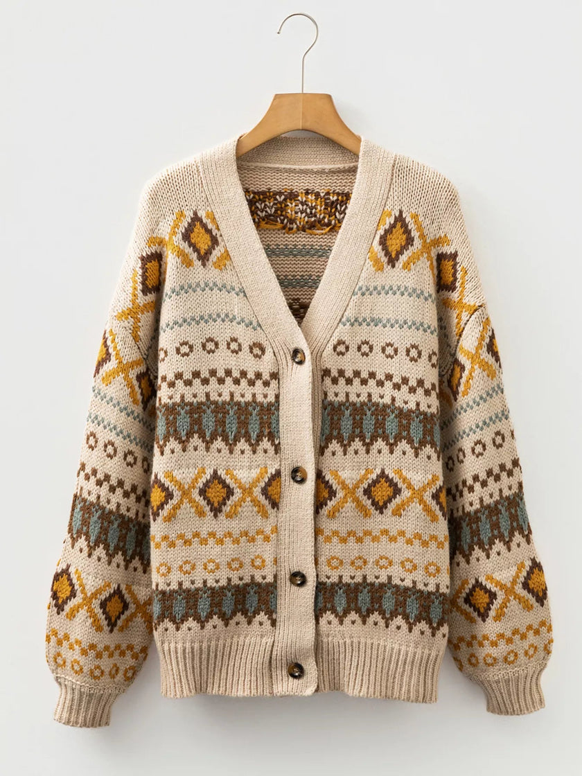 Western Pattern Knitted Button V Neck Cardigan Sweater - FLORENTINE IRIS