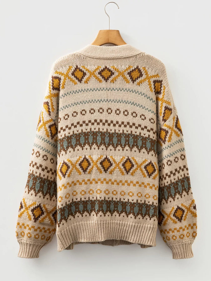 Western Pattern Knitted Button V Neck Cardigan Sweater - FLORENTINE IRIS