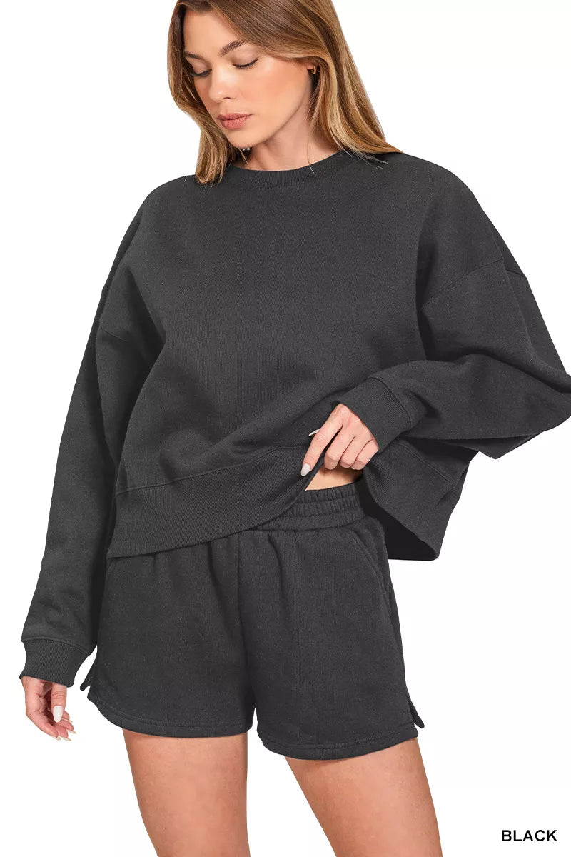 Zenana Fleece Round Neck Sweatshirt and Shorts Set - FLORENTINE IRIS