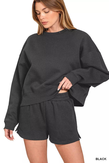 Zenana Fleece Round Neck Sweatshirt and Shorts Set - FLORENTINE IRIS
