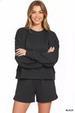 Zenana Fleece Round Neck Sweatshirt and Shorts Set - FLORENTINE IRIS