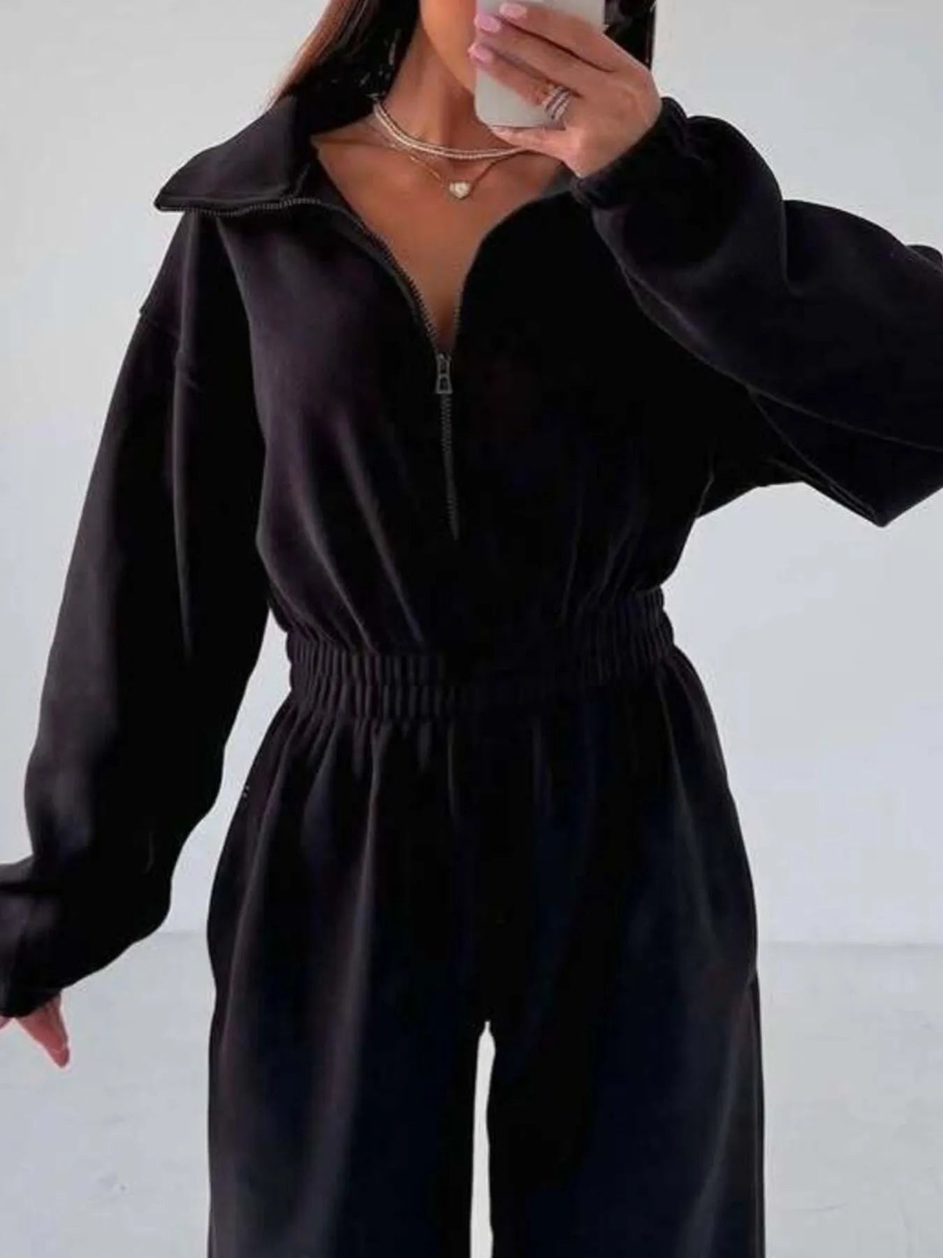 Zip Front Long Sleeve Jumpsuit - FLORENTINE IRIS