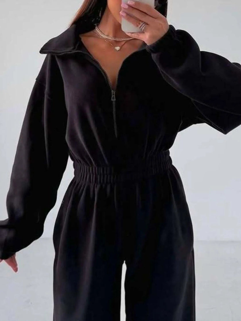 Zip Front Long Sleeve Jumpsuit - FLORENTINE IRIS