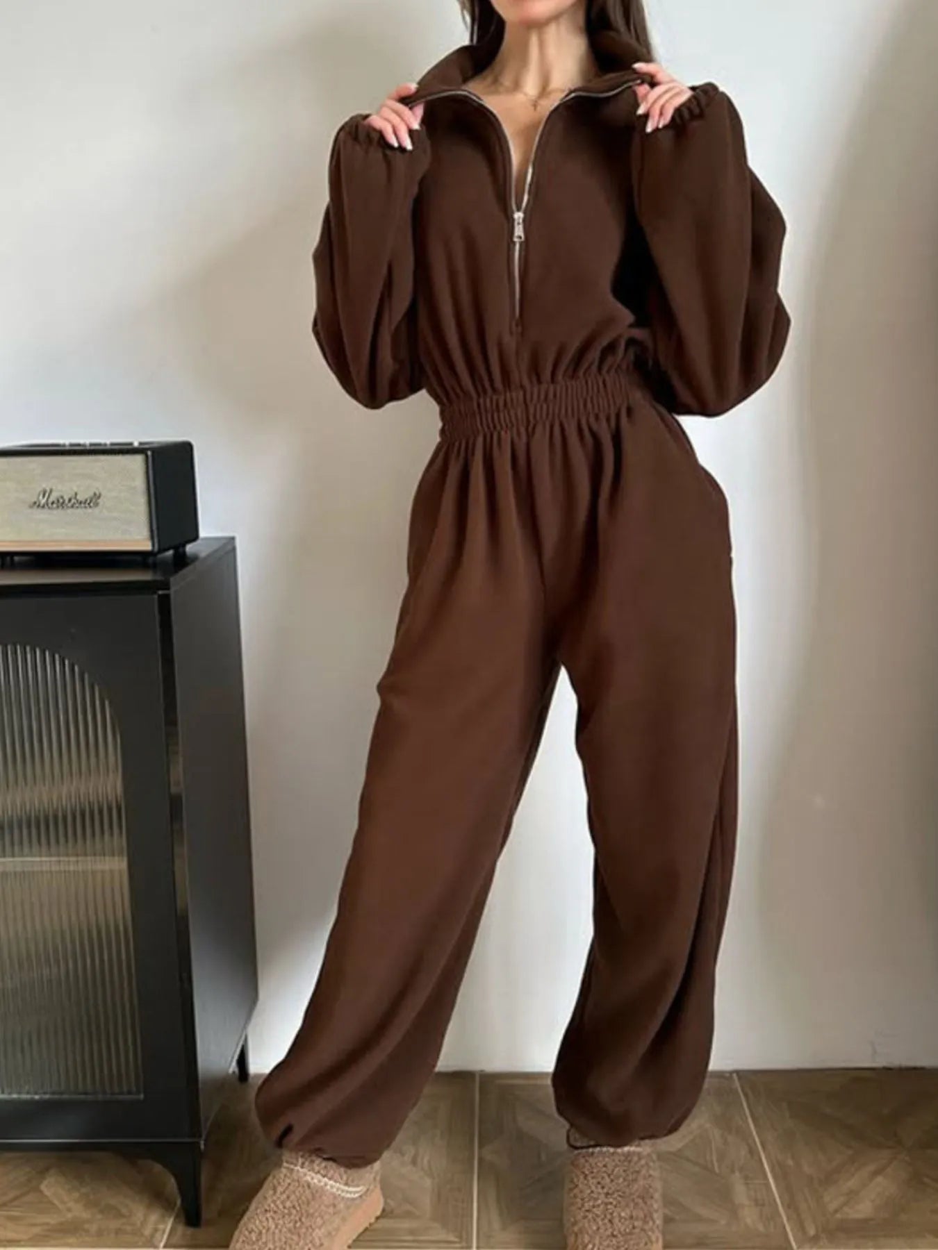 Zip Front Long Sleeve Jumpsuit - FLORENTINE IRIS