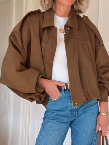 Zip Up Dropped Shoulder Suede Jacket - FLORENTINE IRIS