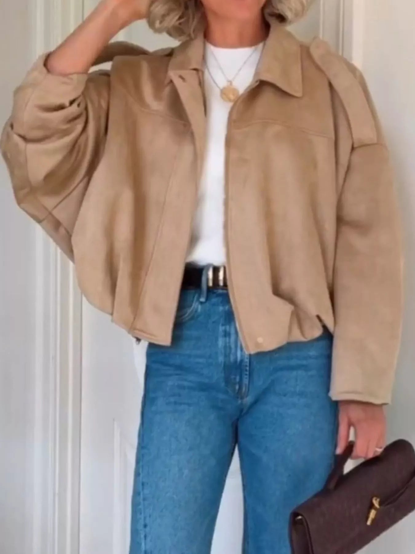 Zip Up Dropped Shoulder Suede Jacket - FLORENTINE IRIS