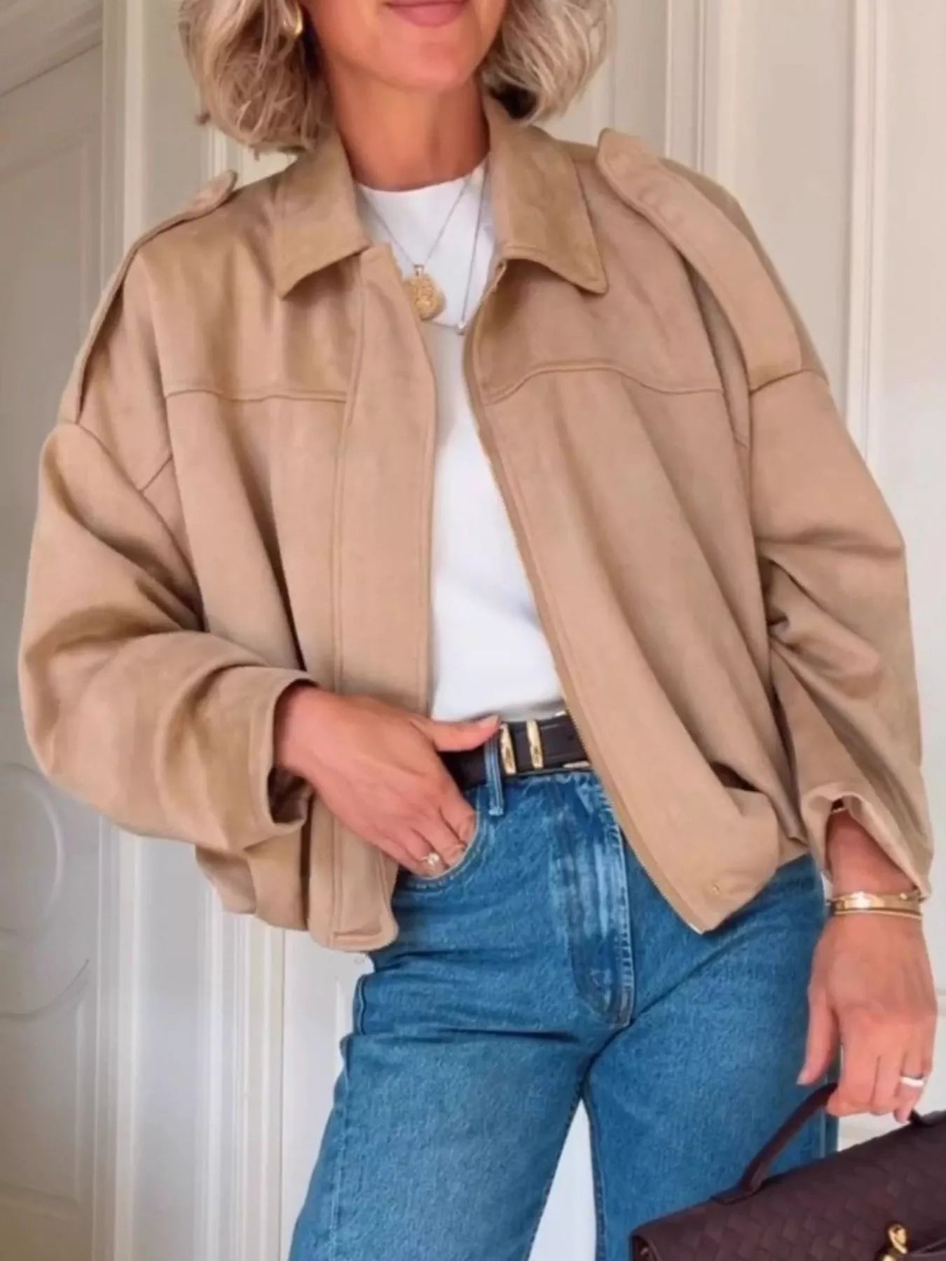 Zip Up Dropped Shoulder Suede Jacket - FLORENTINE IRIS