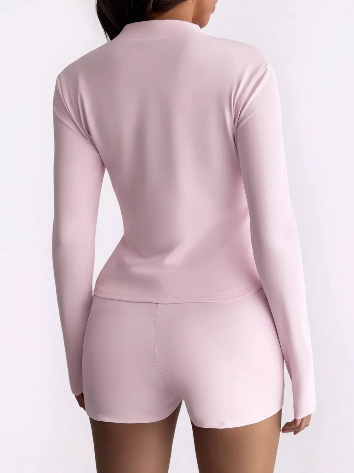 Zipper Front Long Sleeve Top and Shorts Active Set - FLORENTINE IRIS