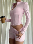 Zipper Front Long Sleeve Top and Shorts Active Set - FLORENTINE IRIS